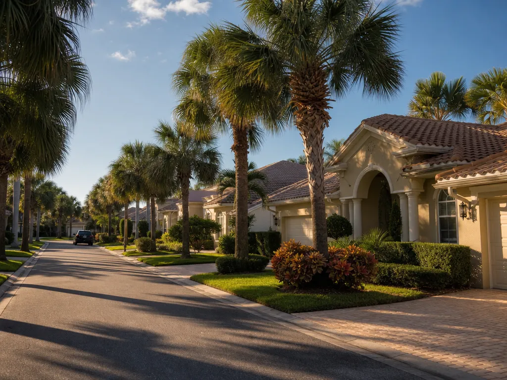 Residential Florida street with palms and pastel stucco homes