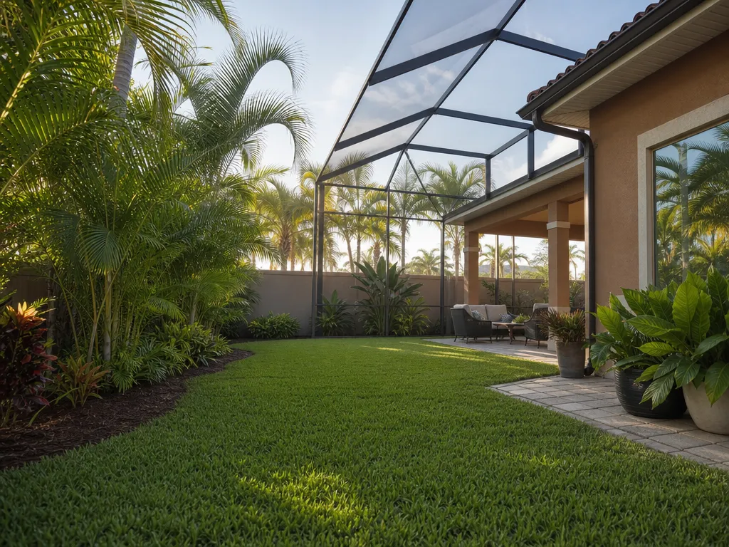 Florida backyard with a screened lanai and tropical landscaping