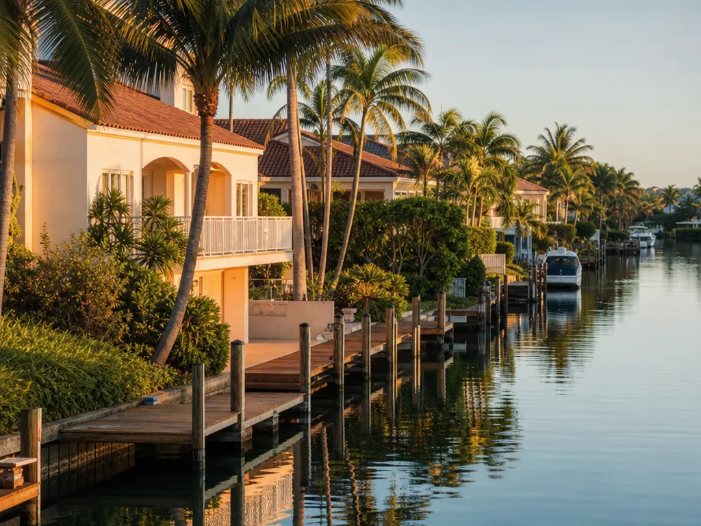 Canal with private docks behind Florida homes in evening light
