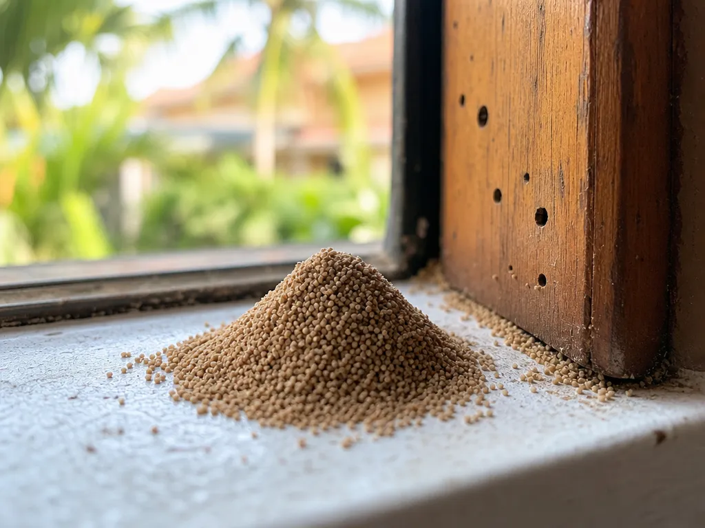 Macro of drywood termite frass pellets piled on a windowsill near tiny exit holes