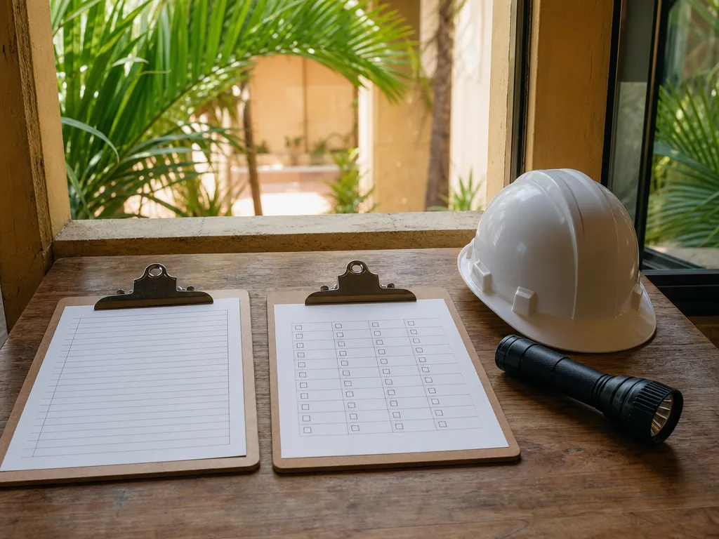 Two clipboards with different blank forms beside a hard hat and flashlight