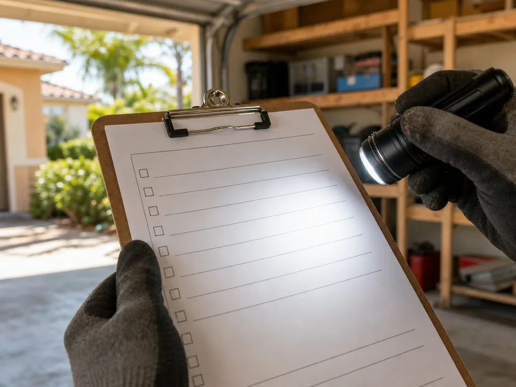 Gloved hands holding a clipboard with a blank inspection form and a flashlight inside a garage